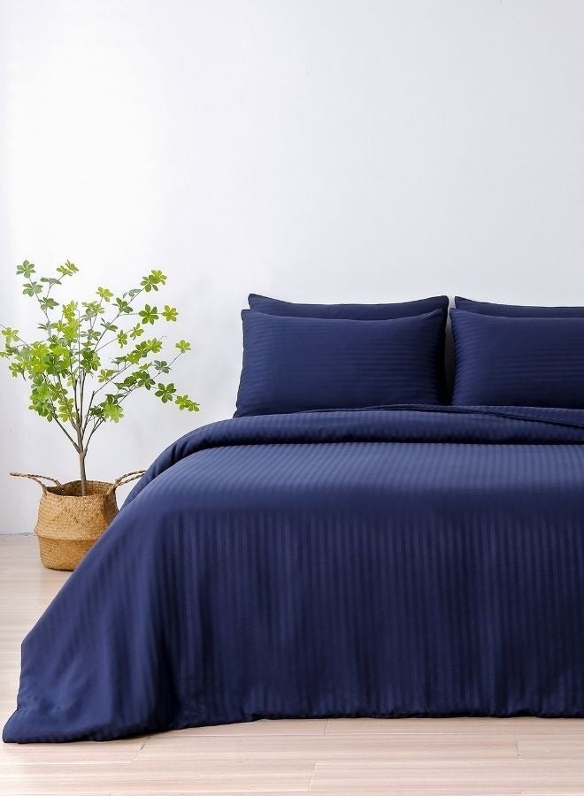 LUNA Home Satin Stripped King Size 6 Pieces (1 Duvet cover - 220*240cm. 1 Elastic Fitted sheet (On corners Only elastic) - 200*200cm+30cm. 4 Pillow cases - 50*75cm.). Soft Bedding Set without filling, Solid Dark Blue Color. - Image 1